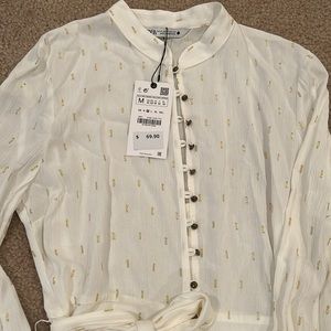 NWT ZARA Cream and Gold Belted Dress Size Medium